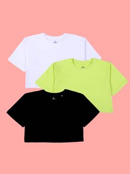 KiddoPanti - Girls Solid Drop Shoulder Half Sleeve Round Neck Crop T-Shirt Pack of 3