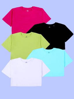 KiddoPanti - Girls Solid Drop Shoulder Half Sleeve Round Neck Crop T-Shirt Pack of 5
