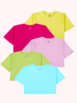 KiddoPanti - Girls Solid Drop Shoulder Half Sleeve Round Neck Crop T-Shirt Pack of 5