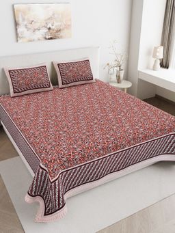 JAIPUR FABRIC - 180 TC Pure Cotton Floral Brown Flat Double Bedsheet With 2 Pillow Covers