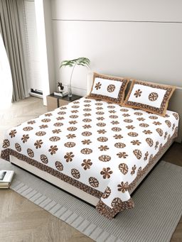 JAIPUR FABRIC - Pure Cotton Hand Block Brown Flat King Bedsheet With 2 Pillow Covers