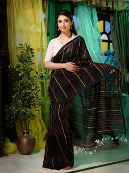CHARUKRITI - Black Linen Handwoven Soft Saree with Unstitched Blouse