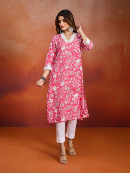 Likha - Rayon Floral Printed Festive Straight Kurta with Lace Detail LIKEPKU15