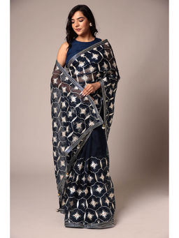 Zari Jaipur - Navy Blue Embroidery Saree with Unstitched Blouse