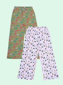 KiddoPanti - Girls Cotton Heart and Fruit Aop Printed Pyjama (Pack Of 2)