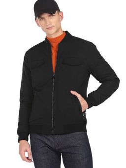 Arrow Newyork - Men Black Stand Neck Solid Bomber Jackets