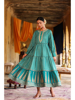 Juniper - Teal Rayon Ethnic Motif Printed & Embroidered Tiered Maxi Dress