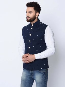 Spring Break - Shark Tricks Navy Blue Mandarin Neck Nehru Jacket