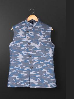 Spring Break - Camo Blue Camouflage Printed Mandarin Neck Nehru Jacket