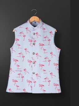 Spring Break - Blue Flamingo Printed Mandarin Neck Nehru Jacket