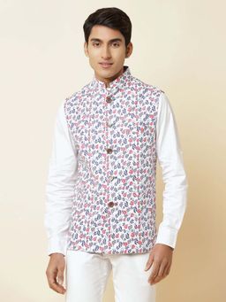 Spring Break - White Floral Printed Mandarin Neck Nehru Jacket