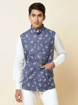 Spring Break - Blue Floral Printed Mandarin Neck Nehru Jacket