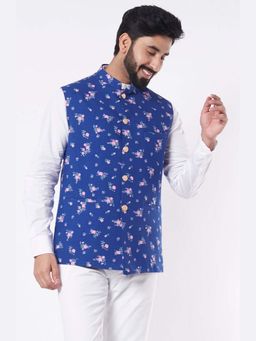 Spring Break - Blue Floral Printed Mandarin Neck Nehru Jacket