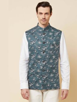 Spring Break - Teal Floral Print Teal Nehru Jacket