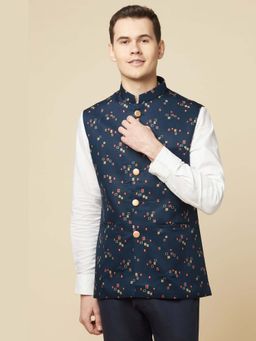 Spring Break - Navy Blue Digital Printed Mandarin Neck Nehru Jacket