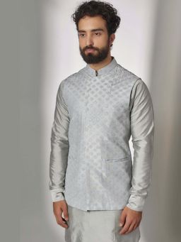 Spring Break - Grey Embroidered Mandarin Neck Nehru Jacket