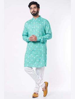 Spring Break - Men Turquoise Rayon Printed Kurta with Churidar