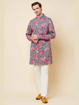 Spring Break - Men Grey Pure Cotton Printed Kurta with Churidar