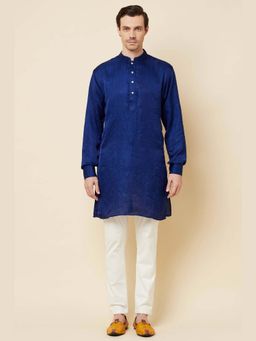 Spring Break - Men Navy Blue Dupion Silk Plain Kurta with Churidar