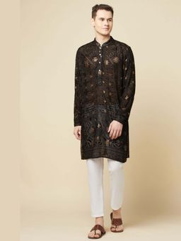 Spring Break - Men Black Cotton Blend Embroidered Kurta with Churidar