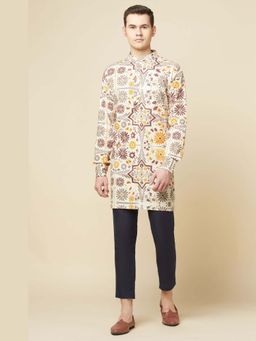 Spring Break - Men Beige Cotton Blend Printed Kurta with Pant