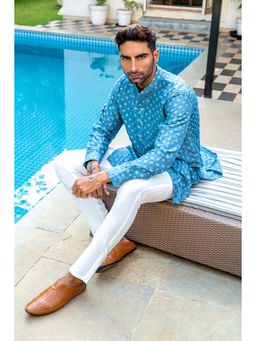 Spring Break - Men Blue Art Silk Embroidered Kurta with Pant
