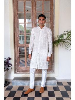 Spring Break - Men White Polycotton Embroidered Kurta with Pant