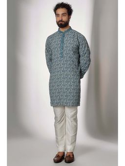 Spring Break - Men Blue Cotton Embroidered Kurta with Pant