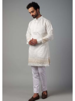 Spring Break - Men White Cotton Silk Embroidered Kurta with Pant