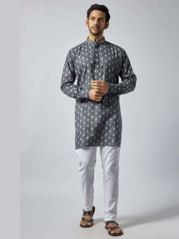 Spring Break - Men Grey Pure Cotton Ikat Kurta with Pant