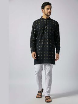Spring Break - Men Black Dupion Silk Embroidered Kurta with Pant