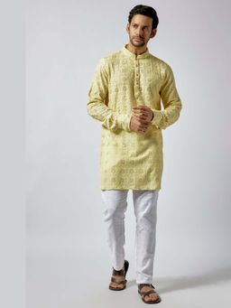 Spring Break - Men Yellow Dupion Silk Embroidered Kurta with Pant