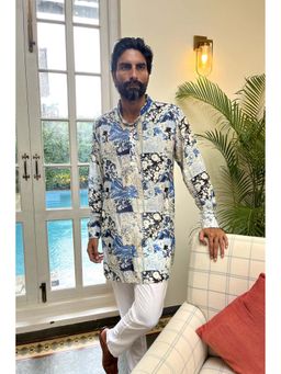Spring Break - Men Blue Muslin Silk Printed Kurta with Pant