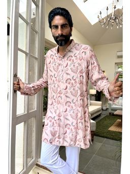 Spring Break - Men Pink Muslin Silk Printed Kurta with Pant