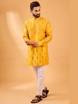 Spring Break - Men Mustard Dupion Silk Embroidered Kurta with Pant