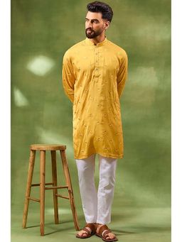 Spring Break - Men Mustard Silk Blend Embroidered Kurta with Pant