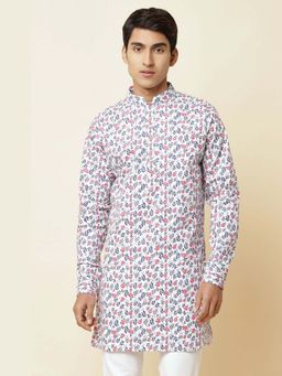 Spring Break - White Floral Printed Mandarin Neck Kurta