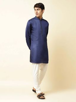 Spring Break - Men Navy Blue Linen Embroidered Kurta with Pant