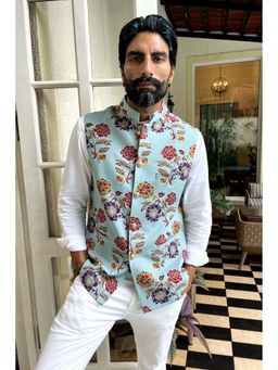 Spring Break - Blue Floral Printed Mandarin Neck Nehru Jacket