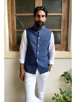 Spring Break - Denim Blue Printed Mandarin Neck Nehru Jacket