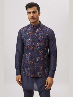 Spring Break - Navy Blue Botanical Embroidery Mandarin Neck Nehru Jacket