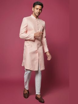 Spring Break - Pink Floral Jacquard Mandarin Neck Sherwani Set