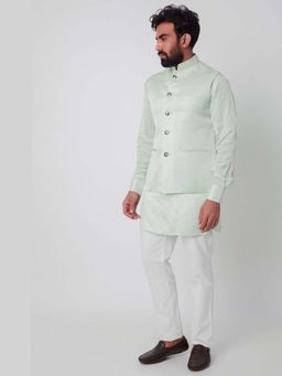 Spring Break - Men Green Linen Plain Nehru Jacket with Kurta and Pant