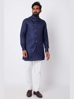 Spring Break - Men Navy Blue Linen Plain Nehru Jacket with Kurta and Pant