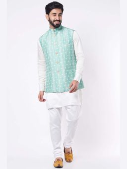 Spring Break - Men Turquoise Silk Blend Embroidered Nehru Jacket with Kurta and Churidar