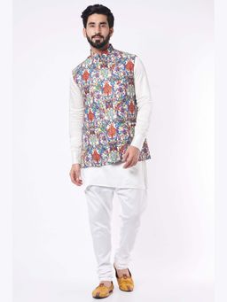 Spring Break - Men Multi-Colour Rayon Thread Work Nehru Jacket with Kurta and Churidar