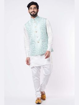 Spring Break - Men Turquoise Cotton Thread Work Nehru Jacket with Kurta and Churidar