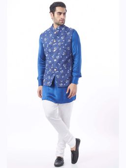 Spring Break - Men Blue Polycotton Printed Nehru Jacket with Kurta and Churidar