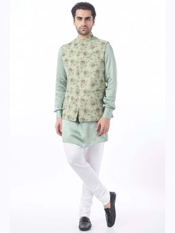 Spring Break - Men Green Polycotton Printed Nehru Jacket with Kurta and Churidar