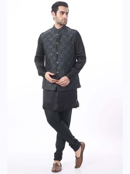 Spring Break - Men Black Polycotton Printed Nehru Jacket with Kurta and Churidar